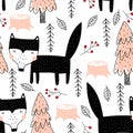 Seamless pattern with cartoon wolves, trees, decor elements. Forest, vector flat Scandinavian style. animal and nature theme. han